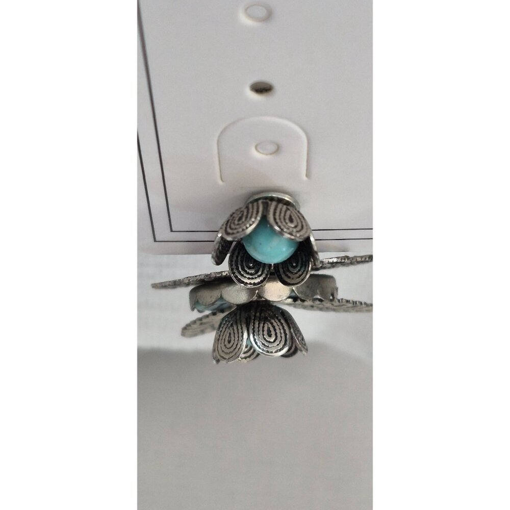 Vintage Screw Back Filigree Earrings Floral Turquoise Antique Silver Tone - Picture 4 of 8